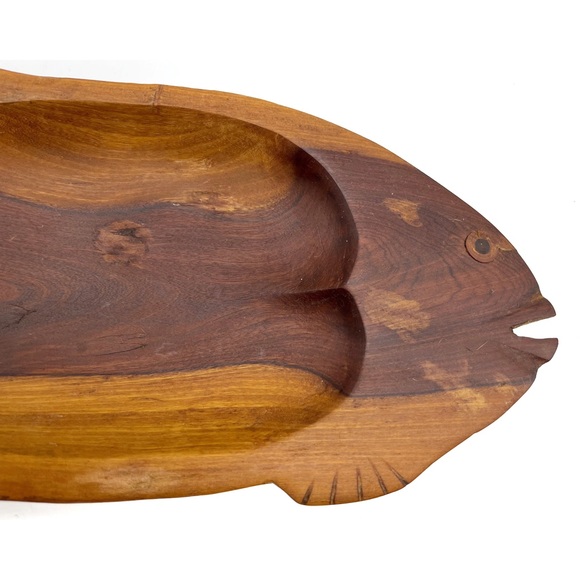 Vintage Mid Century Modern Wood Bowl Wood Inlet Eye 60s MCM Fish - Picture 5 of 5